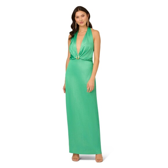 Liv Foster womens Textured Foil Satin Long Column Gown size 4 Summer Green $295 - Picture 3 of 16
